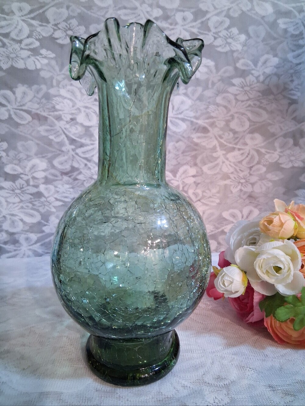 Vintage Sea Green Crackle Glass Vase 9.5"Art Glass Ribbon Ruffle Top
